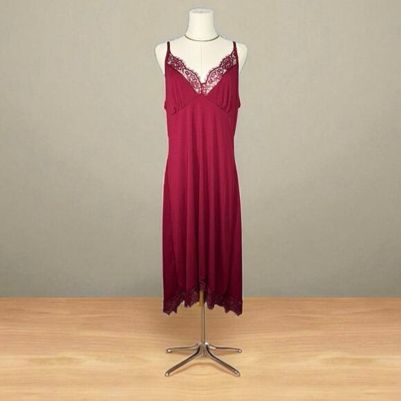 Lace Trim Slip Dress | Burgundy High Low Hem Adjustable Straps Coquette | XL - Picture 2 of 9